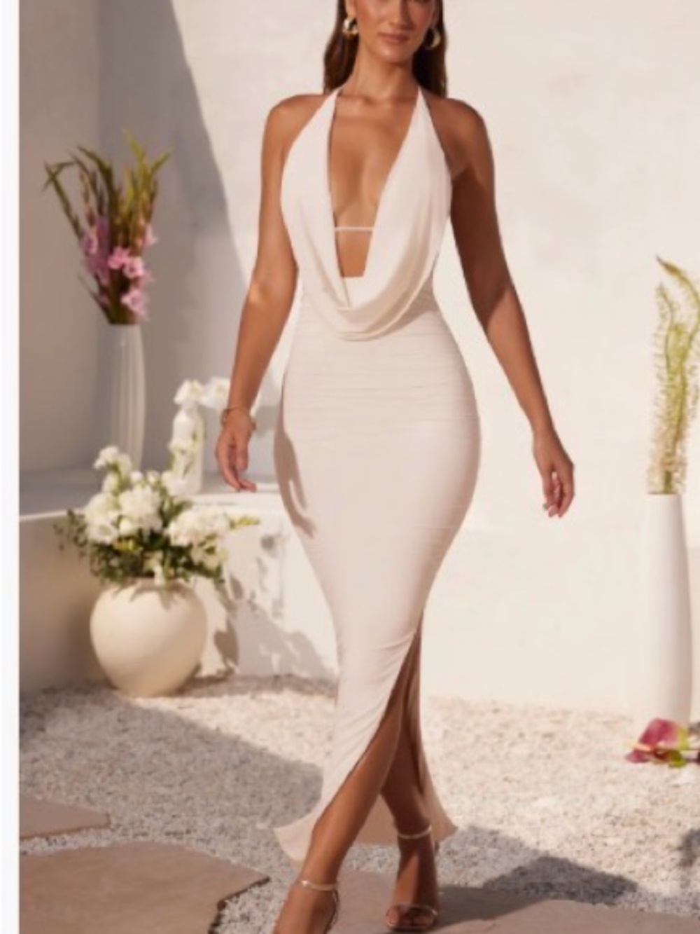Oh Polly Ivory One-Shoulder Cowl Midi Dress